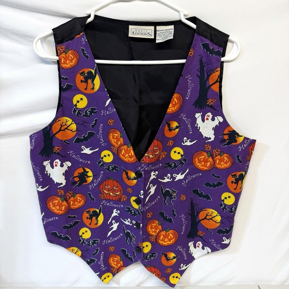 Vintage 90's Halloween Vest MED Purple Black Pumpkin Teacher Ugly Party Costume
